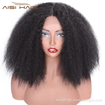 Aisi Hair Short Kinky Fluffy Natural Black Wig Cheap Middle Part Synthetic Lace Front Wig Afro Curly Hair Wigs For Black Women